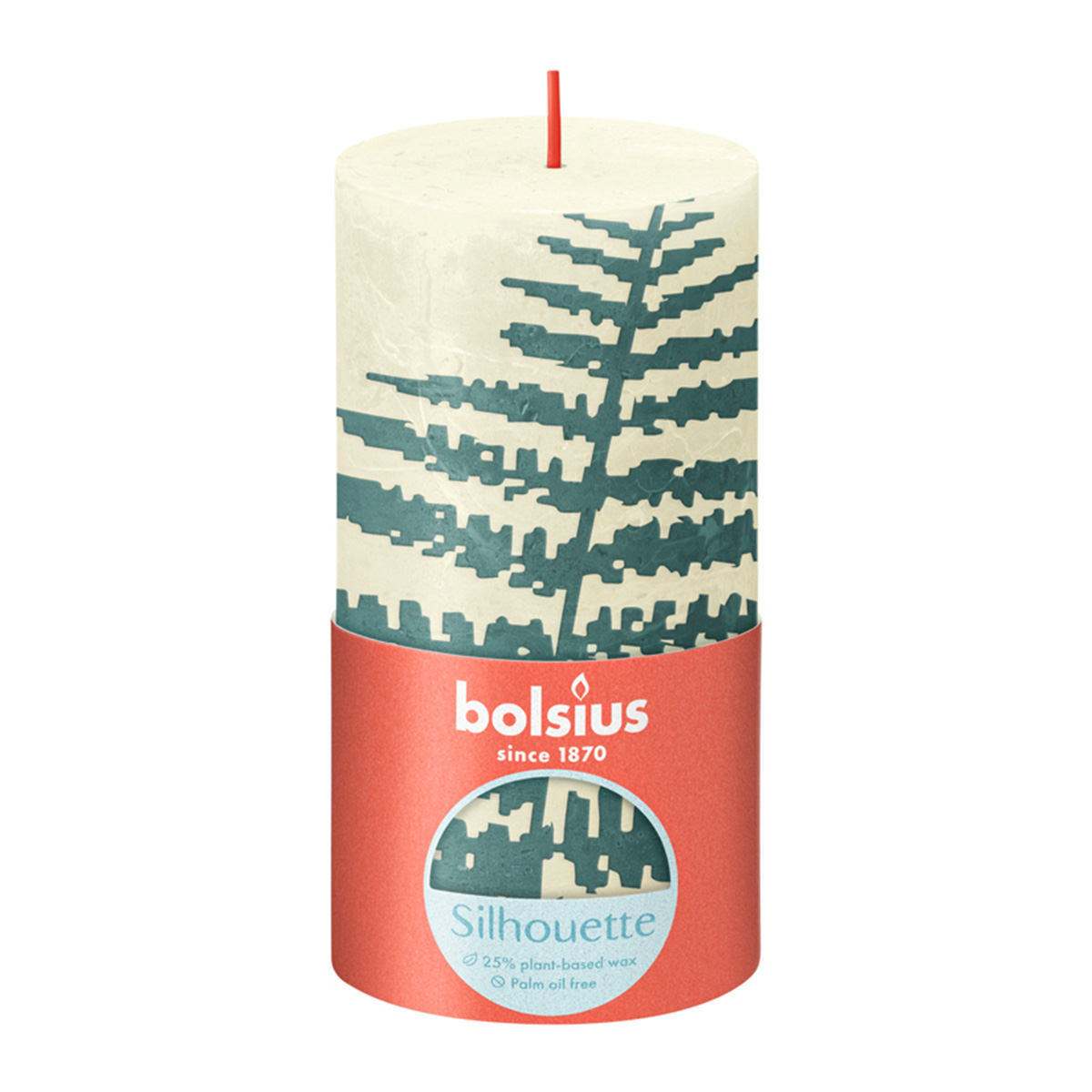 Свеча рустик с принтом Bolsius Silhouette 130/68 жемчужина + папоротник - время горения 60 часов