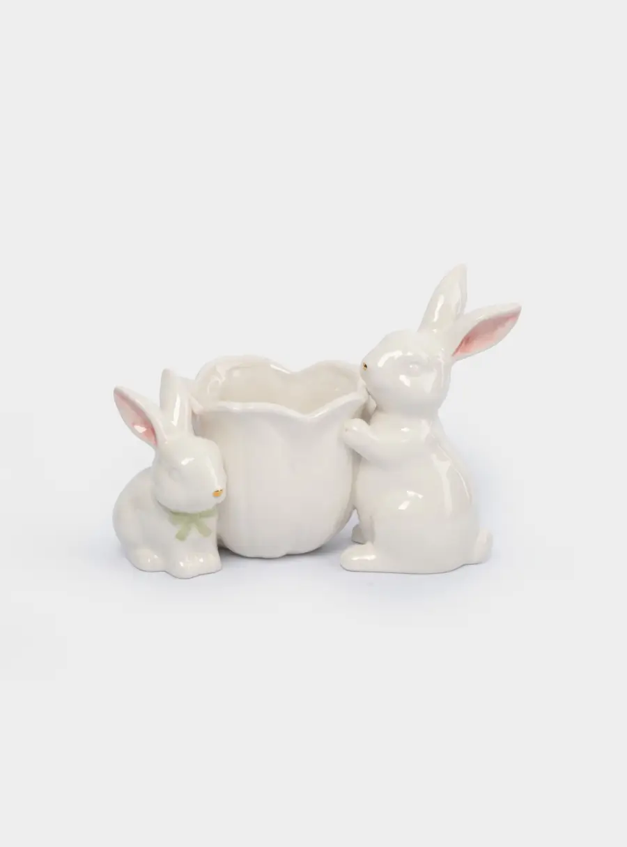 Конфетница, 19х15 см, керамика, молочно-золотистая, Кролики с цветком, White Rabbit