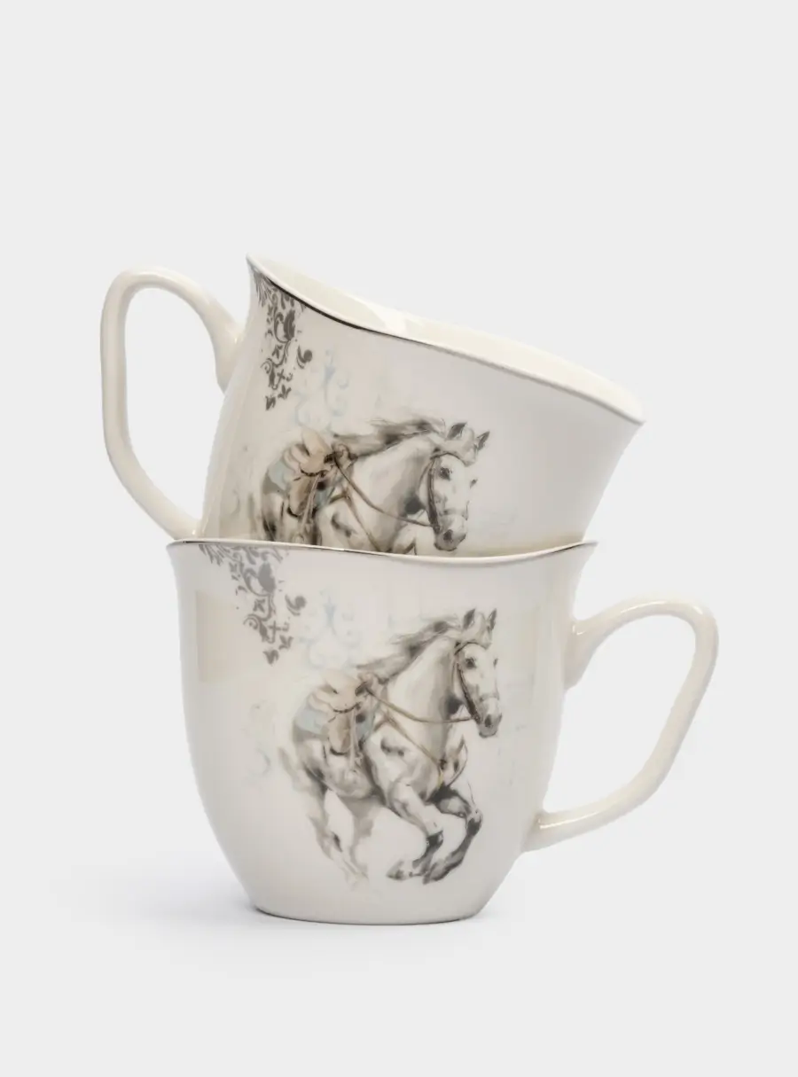 Кружка, 320 мл, 2 шт, фарфор N, белая, с серебристым кантом, Конь, White horse 1