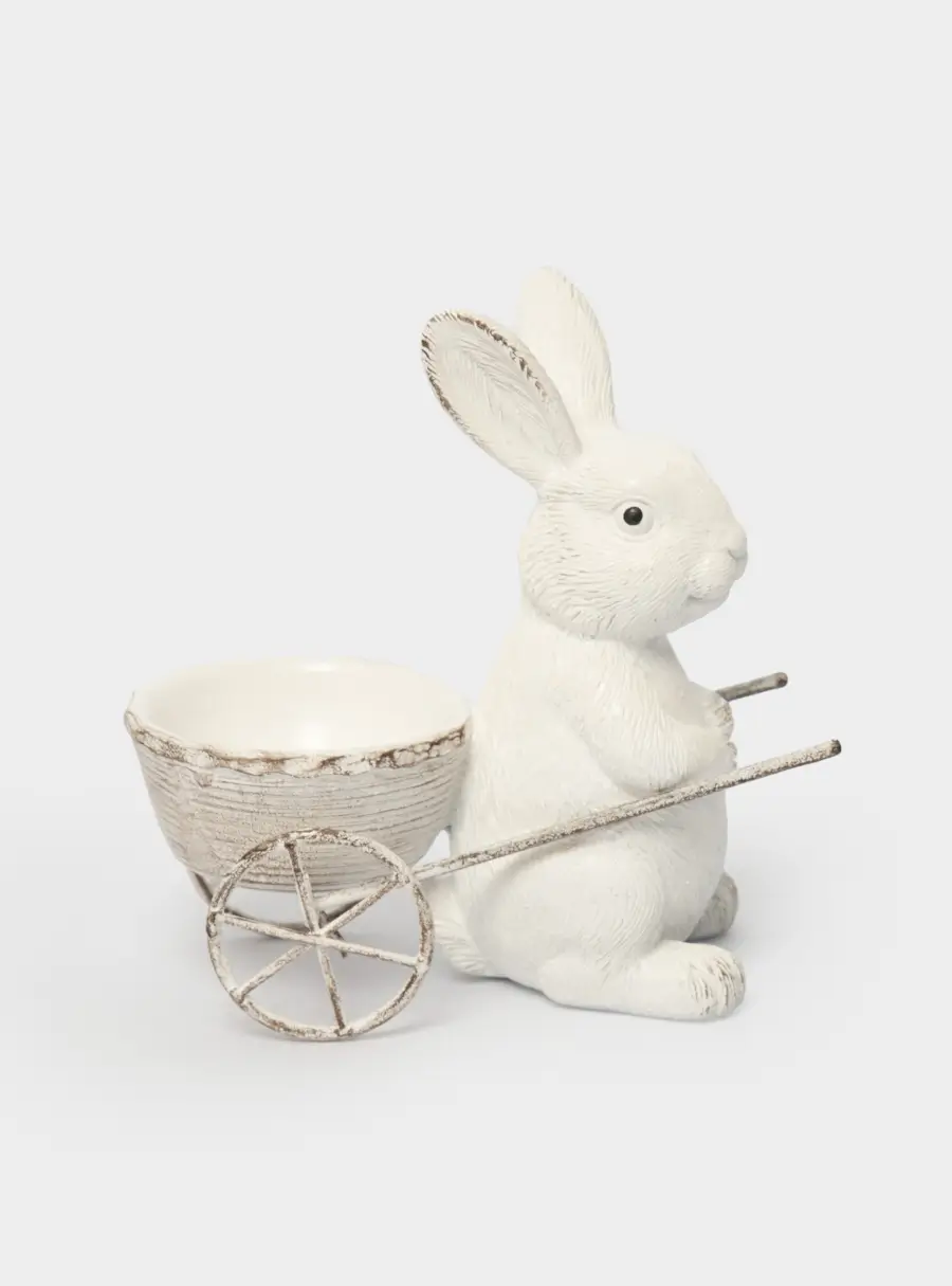 Подставка для яйца, 12 см, полирезин, молочная, Кролик с тележкой, Easter 1