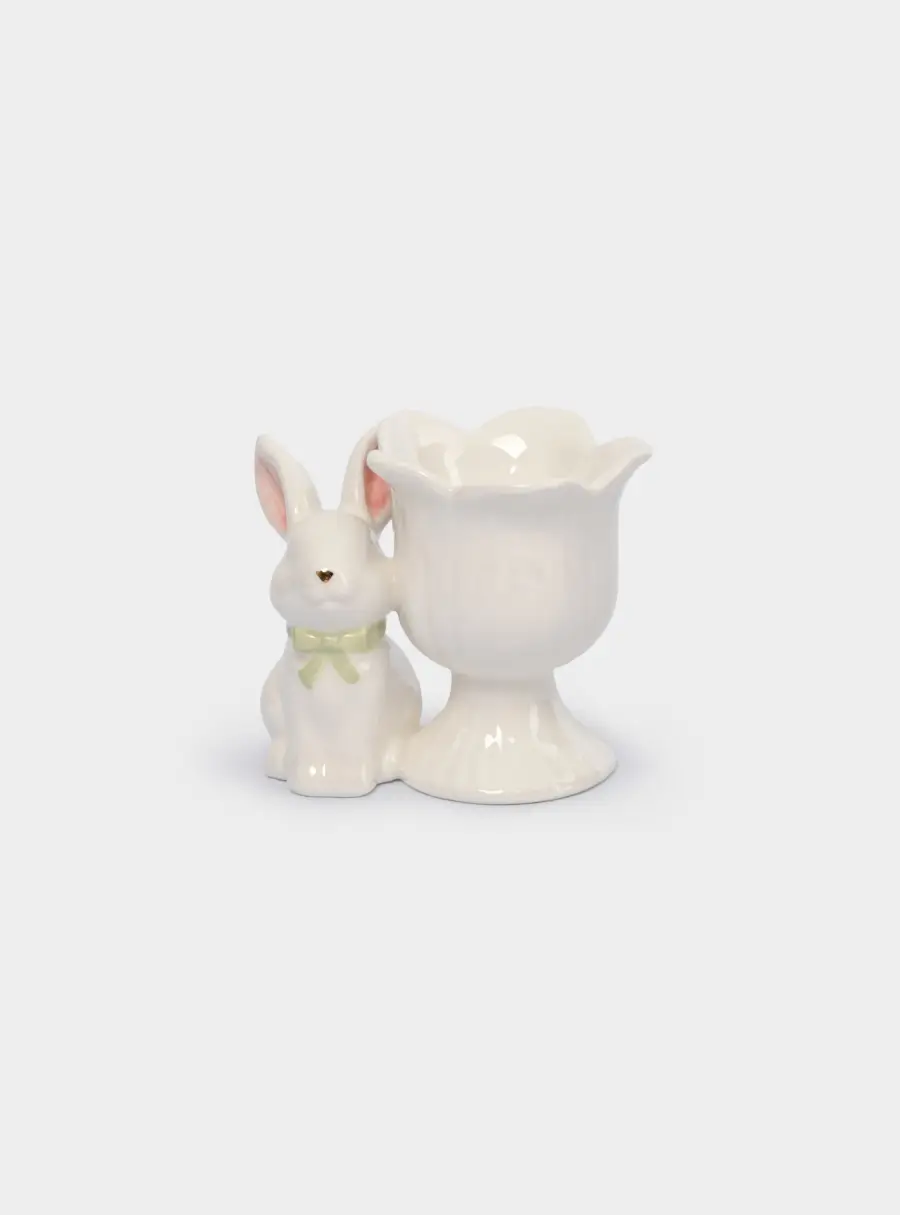 Подставка для яйца, 7 см, керамика, молочно-золотистая, Кролик с цветком, White Rabbit 1