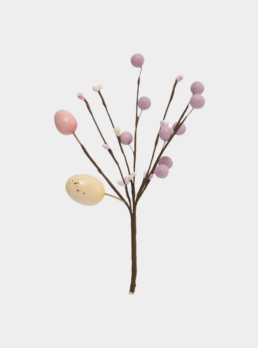 Ветка декоративная, 20 см, пенопласт/бумага, Ветка с розовыми яйцами, Interior Easter 1