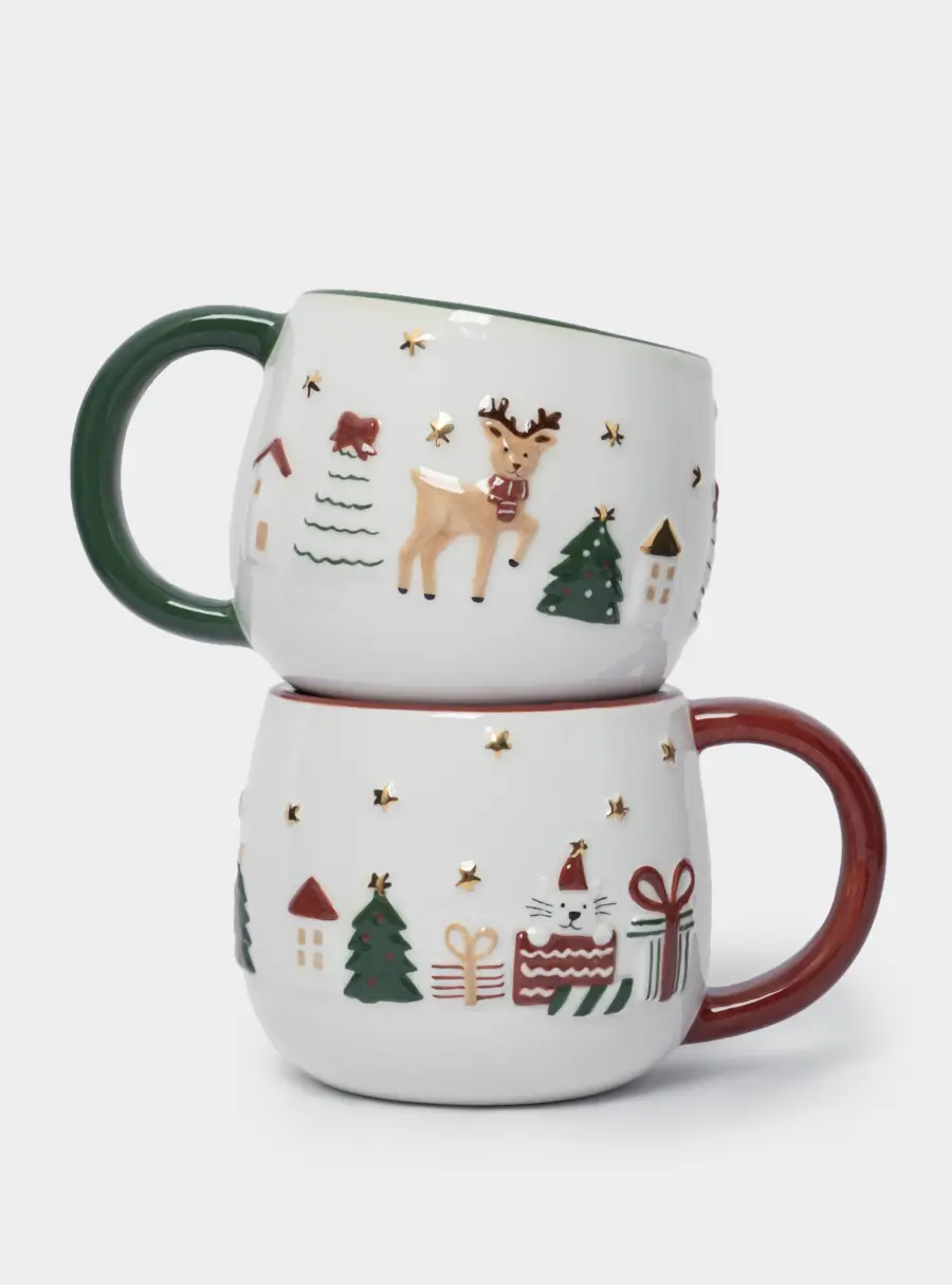 Кружка, 400 мл, 2 шт, керамика D, зеленая/красная, Олень и Кот, New year 1