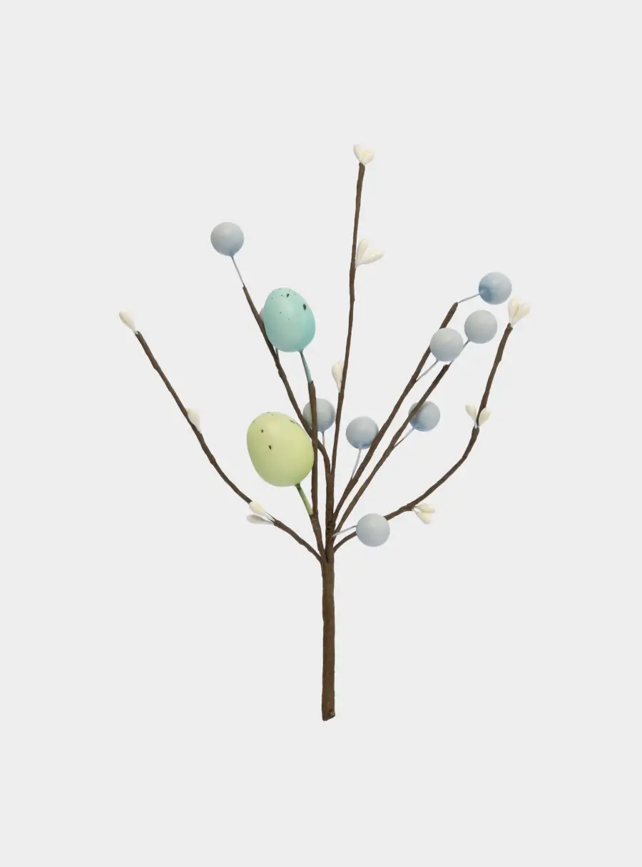 Ветка декоративная, 20 см, пенопласт/бумага, Ветка с зелеными яйцами, Interior Easter 1