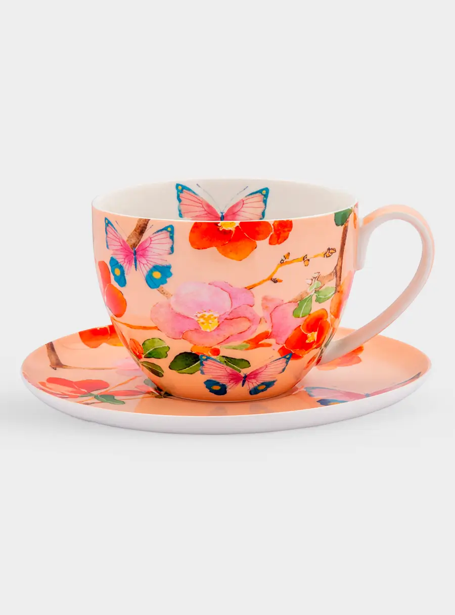 Пара чайная, 1 перс, 2 пред, 400 мл, фарфор P, Камелии на розовом 1