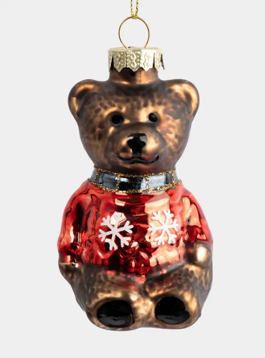 Игрушка елочная, 5х10 см, стекло, коричневая, Мишка в свитере, New year 1