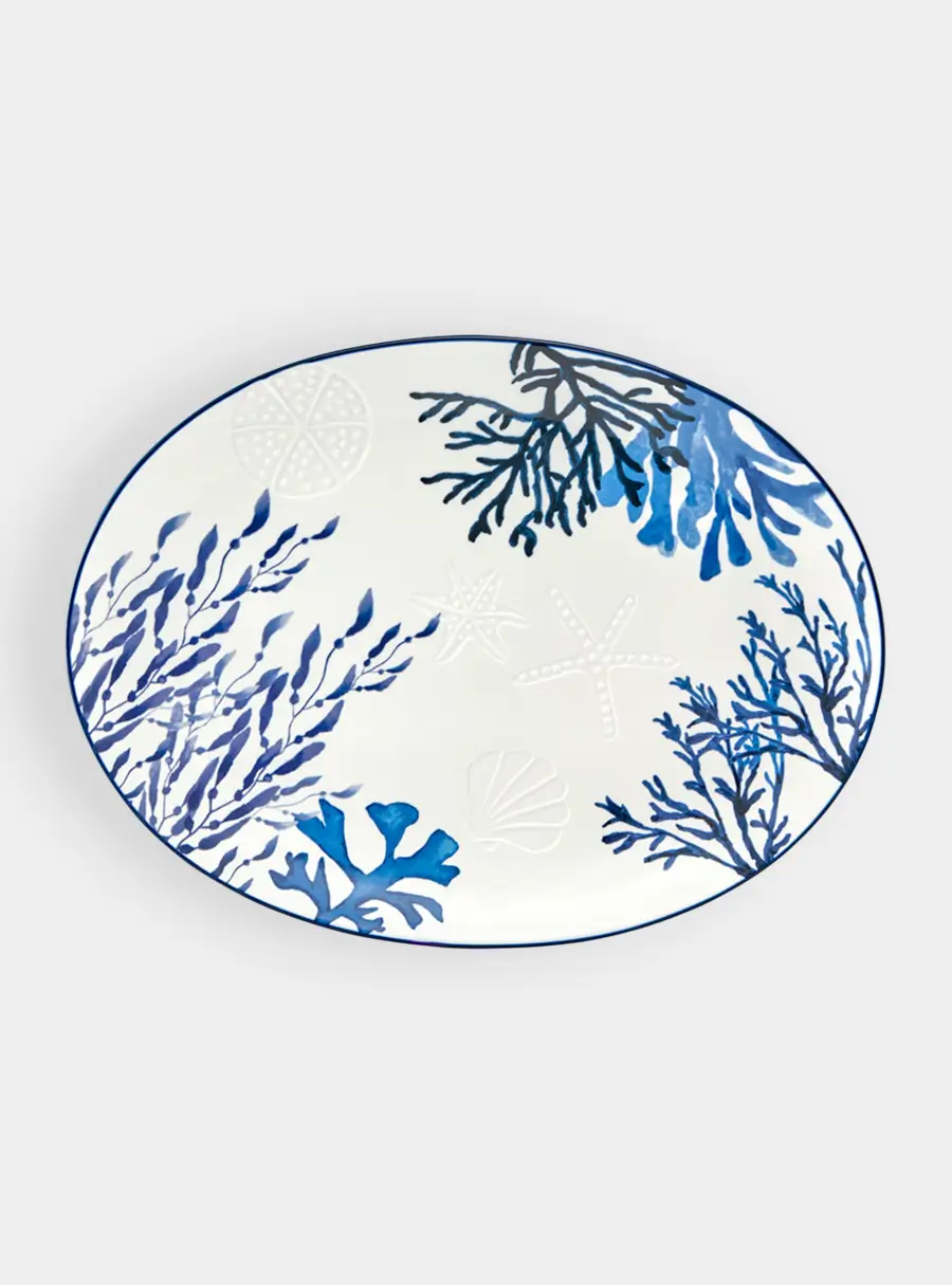 Блюдо, 40х30 см, керамика К, белое, овальное, Синие кораллы, Blue Coral 1