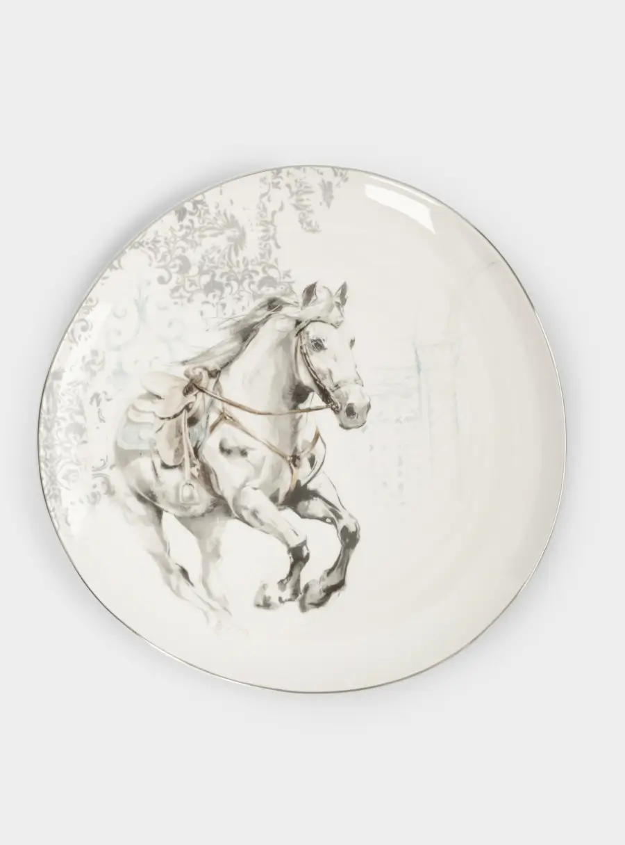Тарелка обеденная, 28 см, фарфор N, белая, с серебристым кантом, Конь, White horse 1
