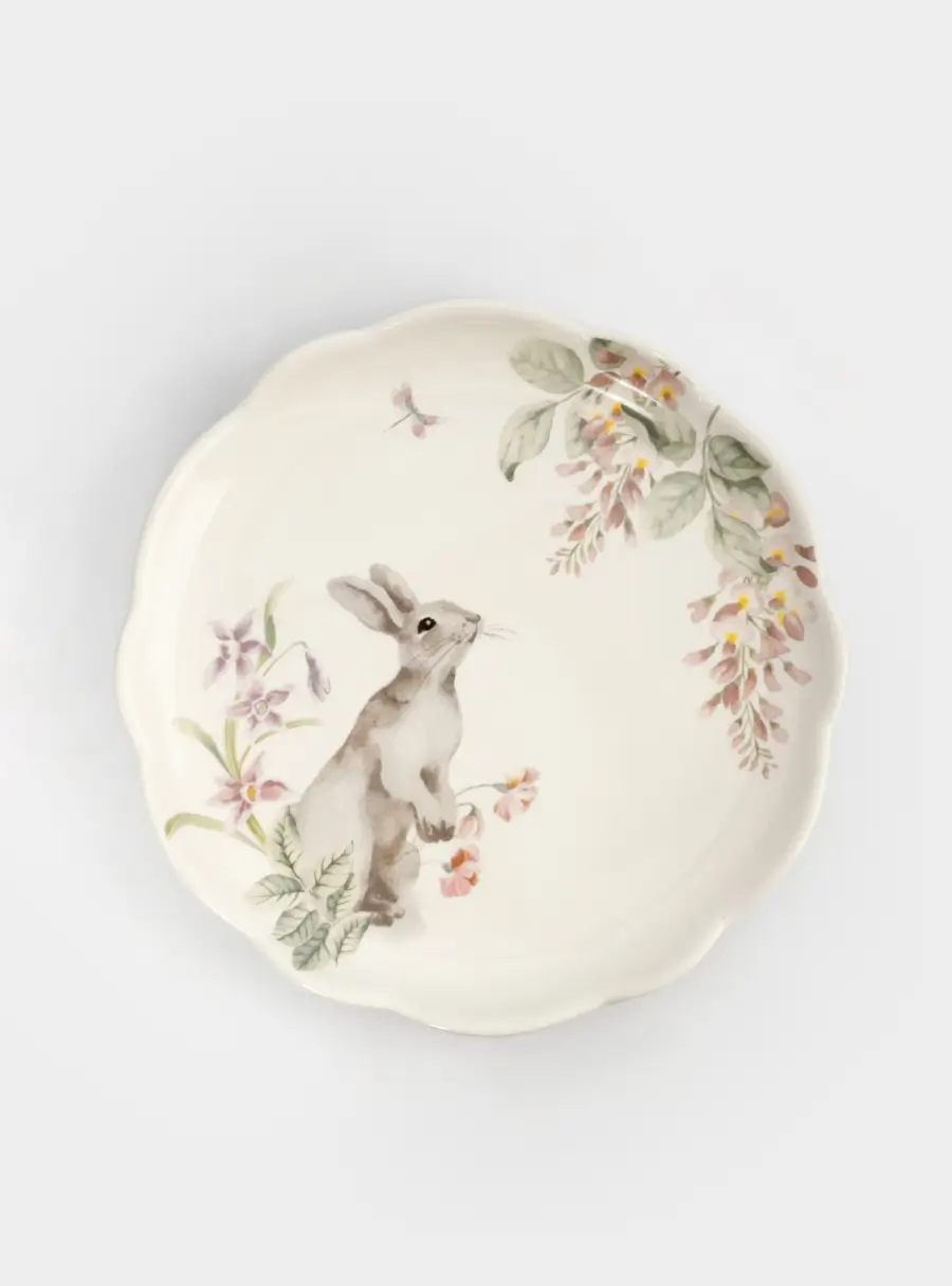 Тарелка обеденная, 25 см, керамика, белая, Кролик с цветами, Flower Rabbit 1