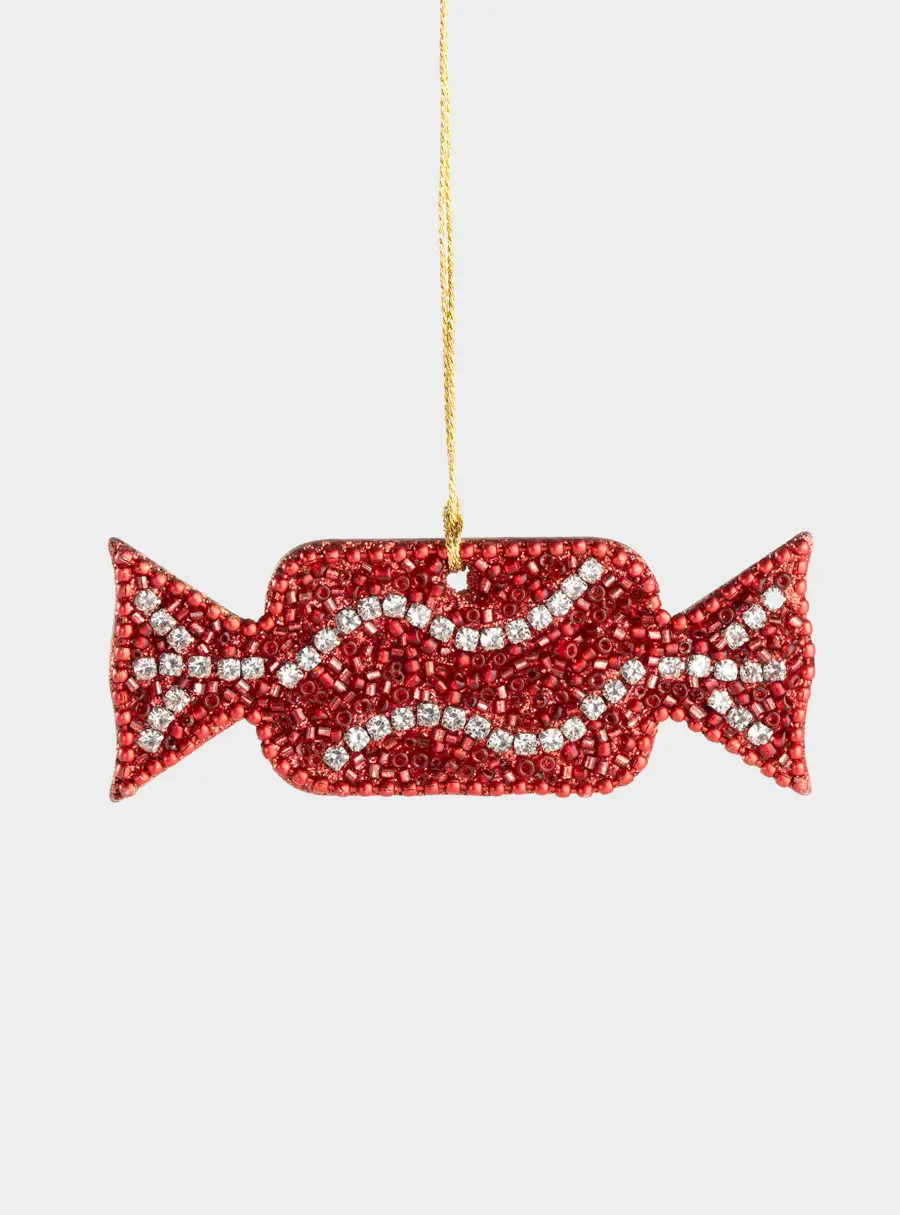 Игрушка елочная, 9 см, бисер/дерево, красно-белая, Конфета, New year 1